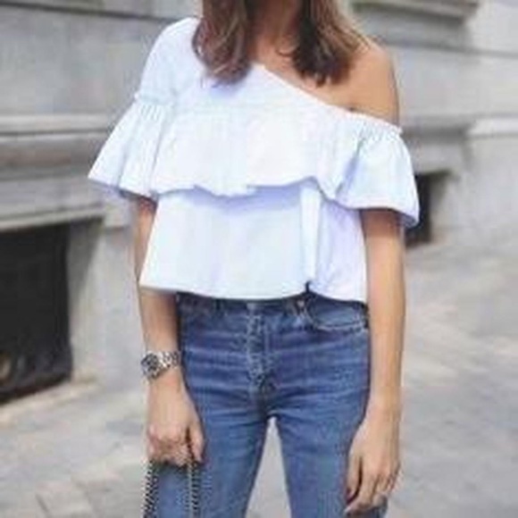 New ZARA Off The Shoulder Asymmetric Blue Striped Ruffled Poplin Top Blouse - Picture 6 of 16